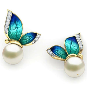 Ladies Green Blue Enamel Butterfly White Pearls Crystal Trim Stud Earring