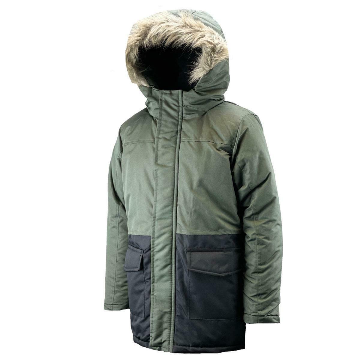 Boys Olive & Black Padded Fleece Lined Parka Hooded Coat