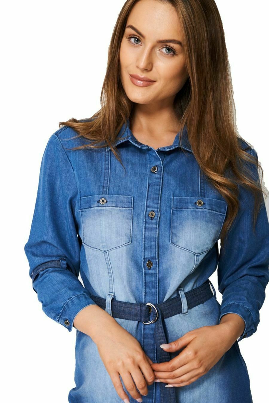 Blue Denim Collared Button Down Belted Dress