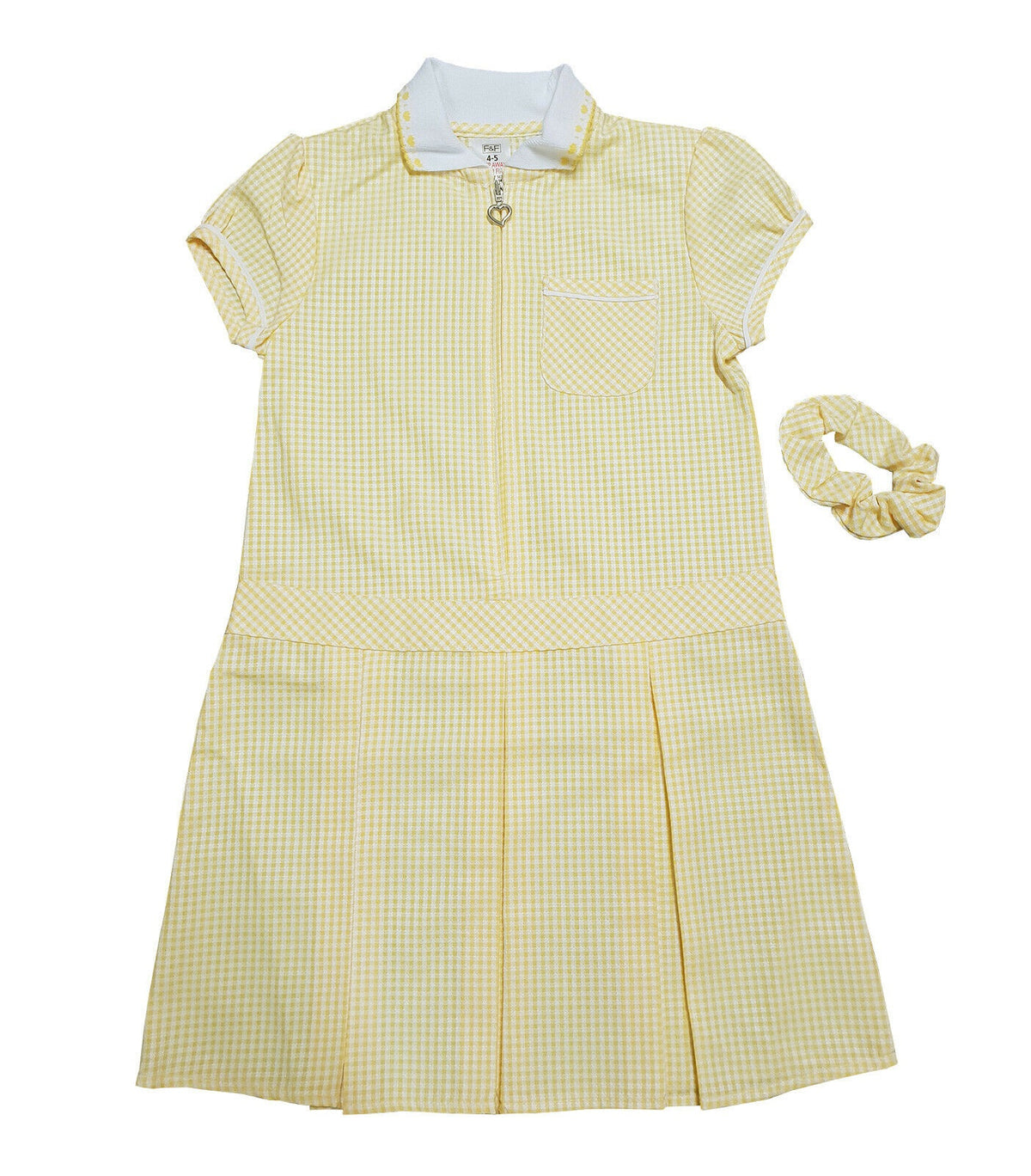 Girls Yellow Heart Print Collar Gingham Check School Dress + Hair Bobble