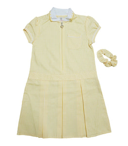 Girls Yellow Heart Print Collar Gingham Check School Dress + Hair Bobble