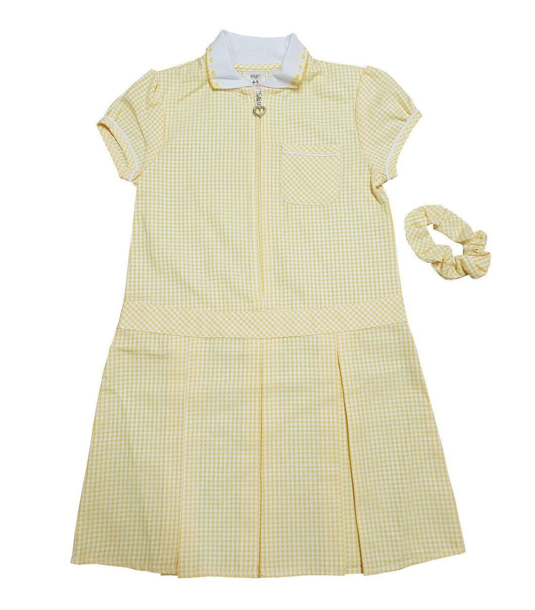 Girls Yellow Heart Print Collar Gingham Check School Dress + Hair Bobble