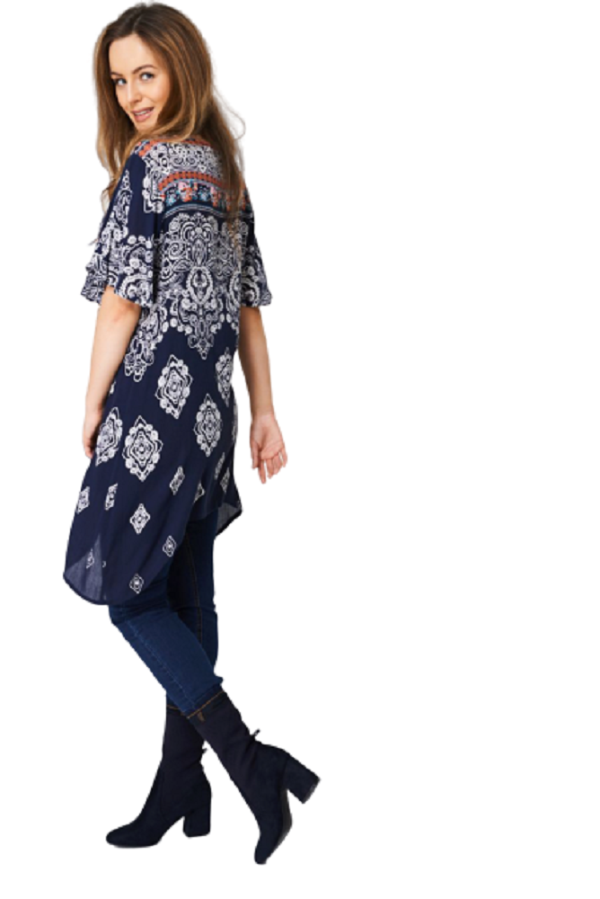 Navy Paisley with Moon Hemline Tie Front Tops
