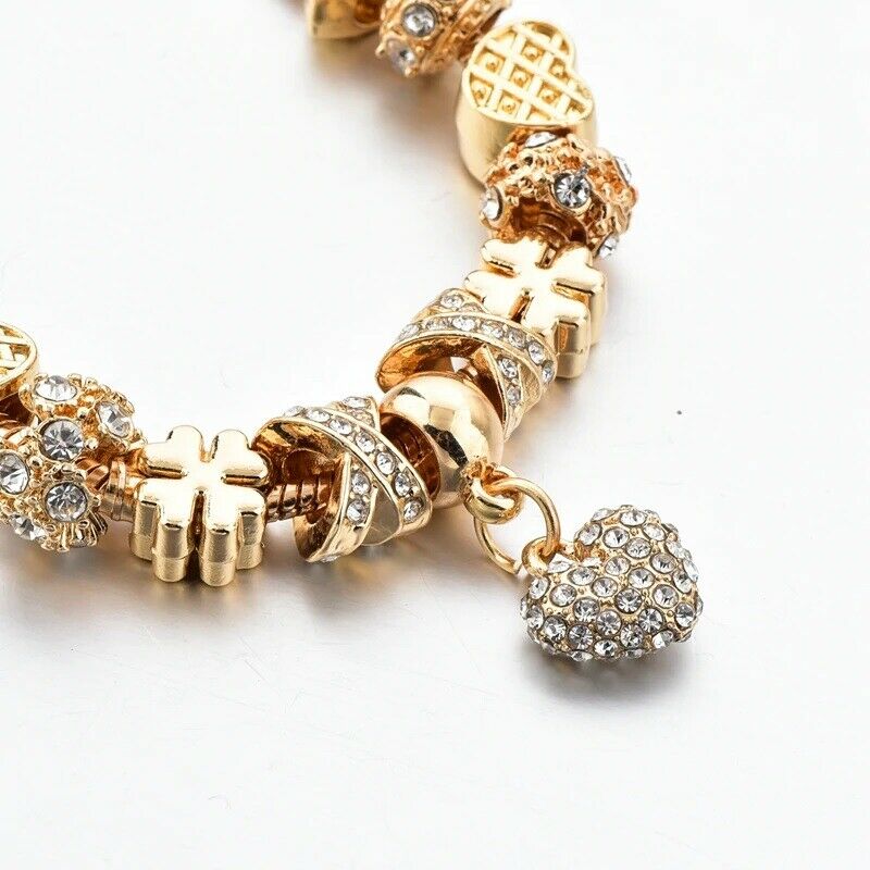 Gold Heart Love Charm & Stars Crystals Rope Chain Pandora Bracelet