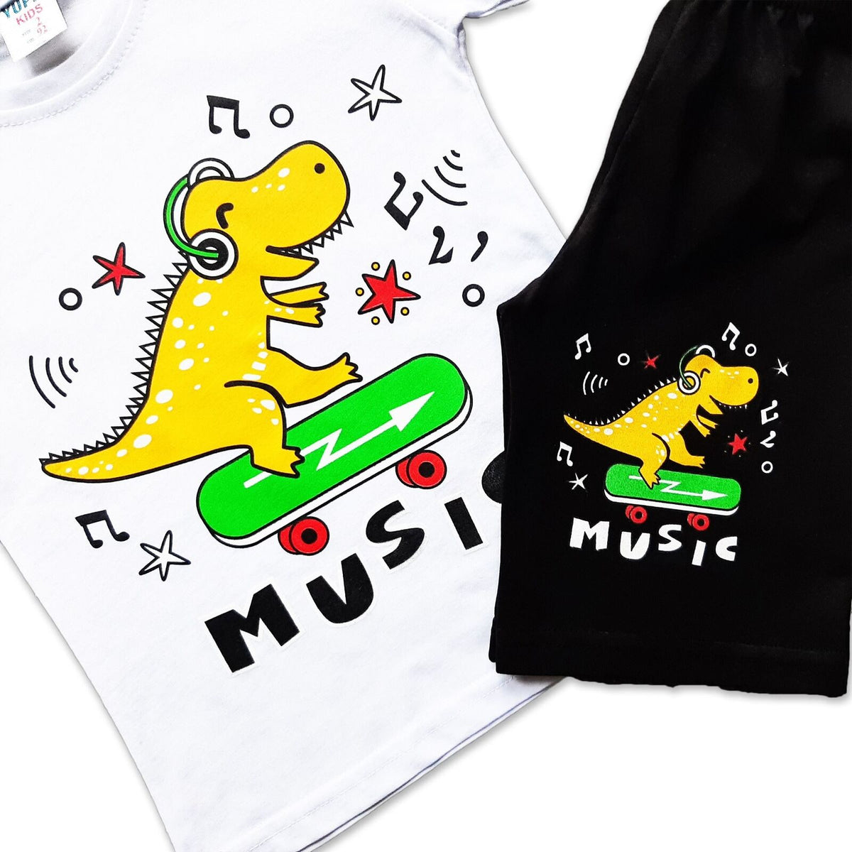 Boys Dino Skating Music Print T-shirt & Short Set