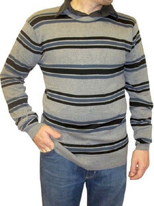 Mens Grey & Black Multi Striped Cotton Rich Knitted Jumper