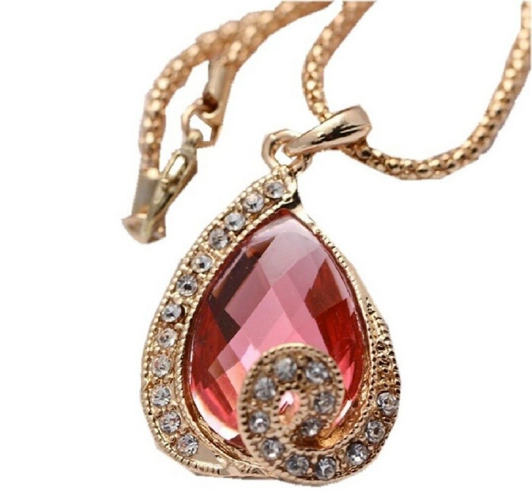 Yellow Gold Filled resin Austrian Champagne Crystal Heart Necklace Set