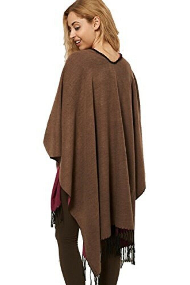 Reversible Knitted Tassel Fringe Poncho Wrap