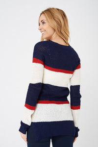 Navy Multi Bold Stripes Side Slit Knitted Jumper