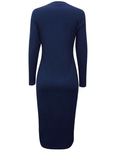 Navy Ribbed Round Neck Ribbed Knitted Dress