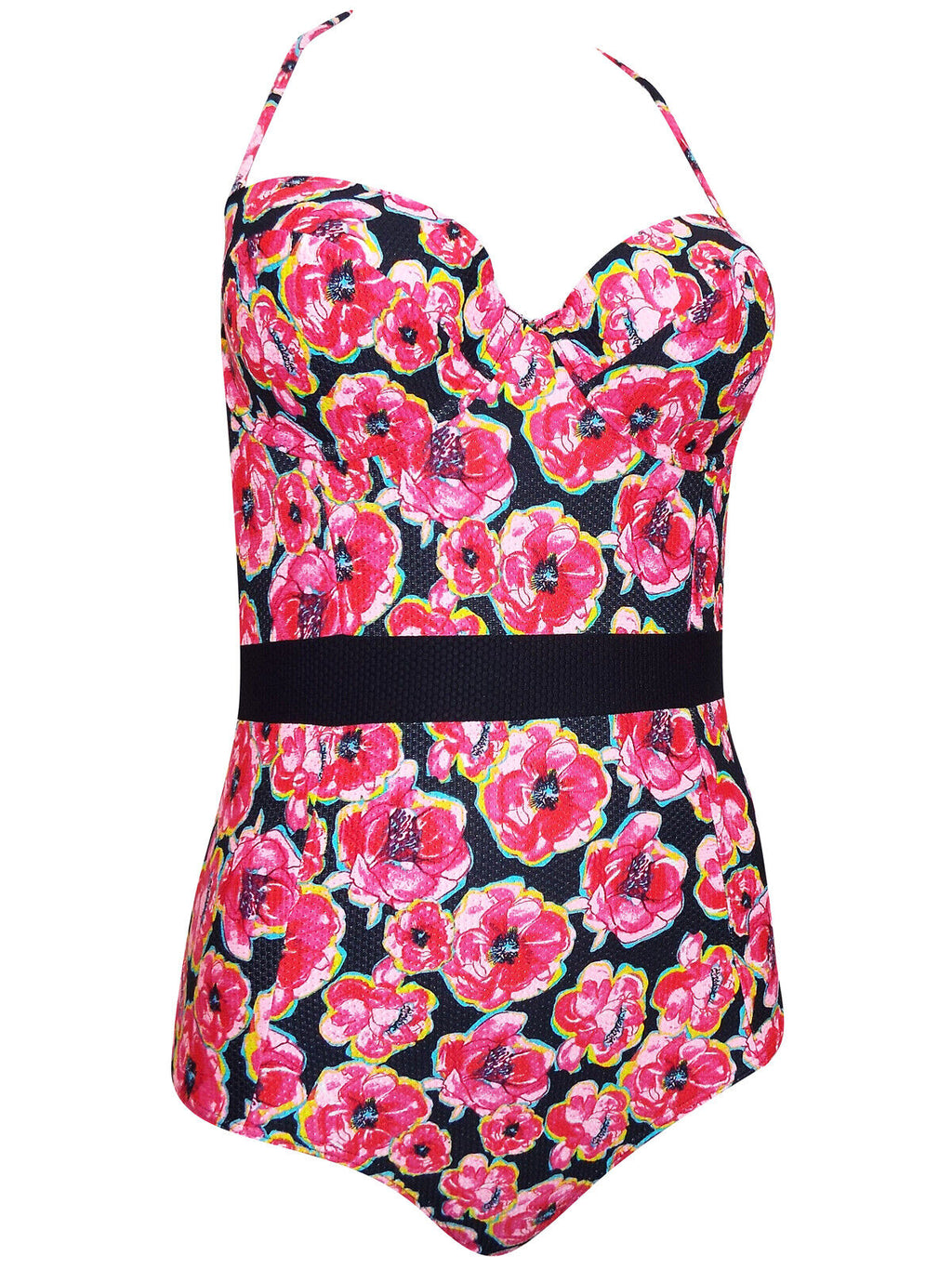 Ladies Pink Poppy Print Detachable Strap Wired Cups Panel Waist Bandeau Swimsuit