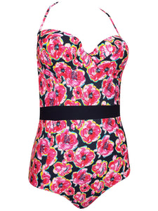 Ladies Pink Poppy Print Detachable Strap Wired Cups Panel Waist Bandeau Swimsuit