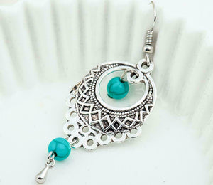 Ladies Boho Ethnic Tibetan Sterling Silver Turquoise Beads Long Hook Earrings
