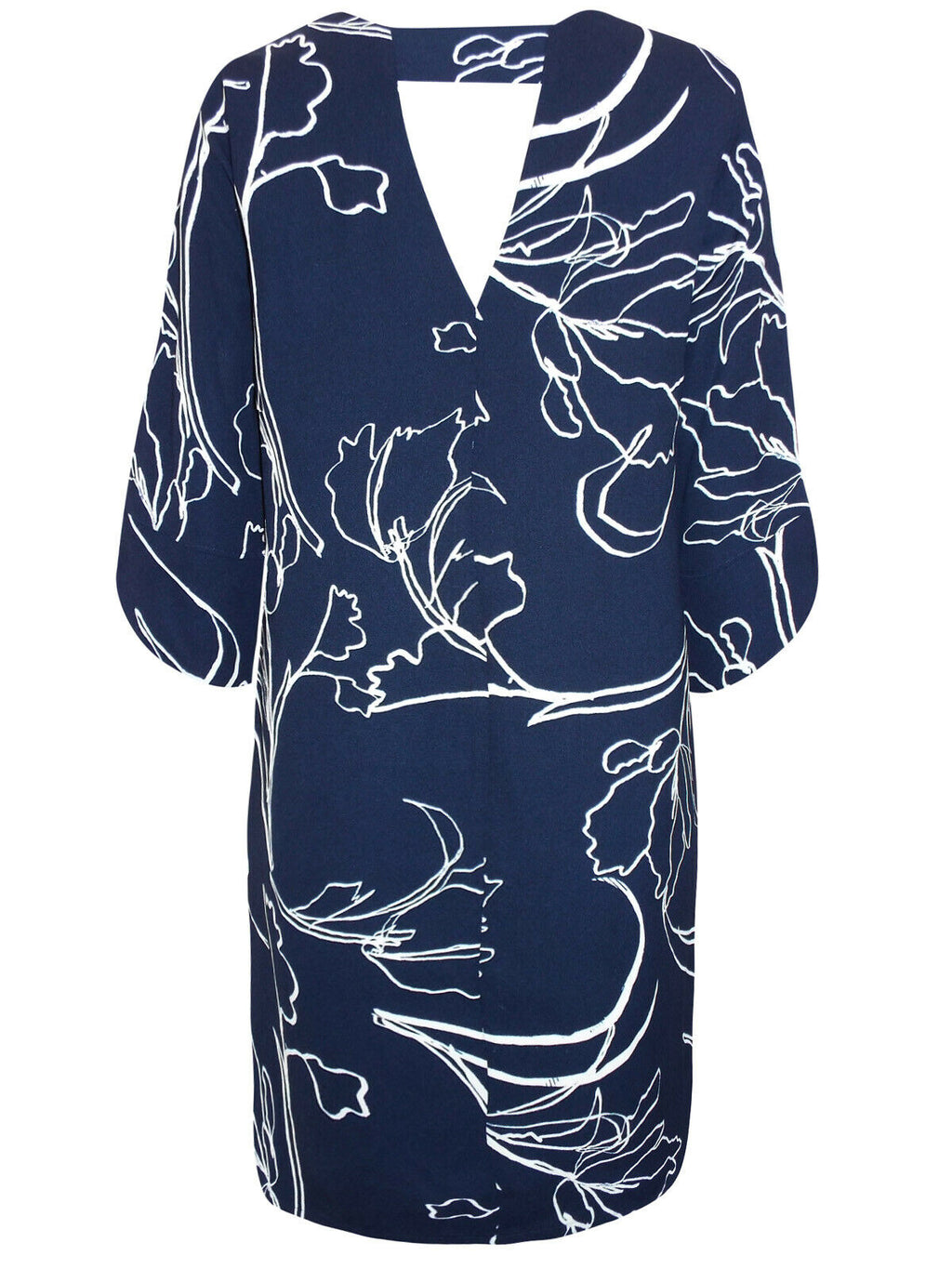 Ladies Navy & White Floral Print Keyhole Back 3/4 Sleeves Dress
