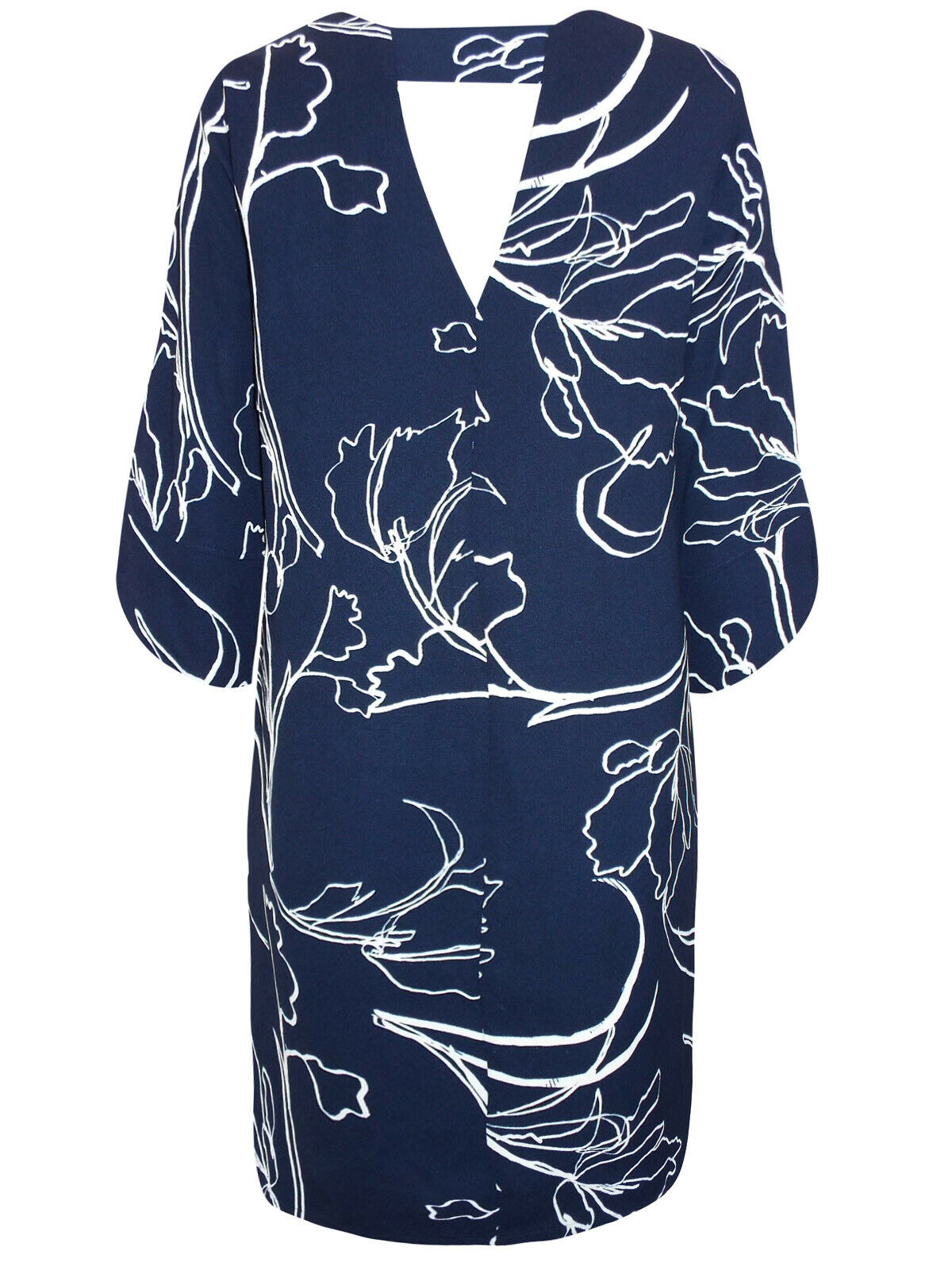 Ladies Navy & White Floral Print Keyhole Back 3/4 Sleeves Dress