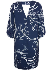 Ladies Navy & White Floral Print Keyhole Back 3/4 Sleeves Dress
