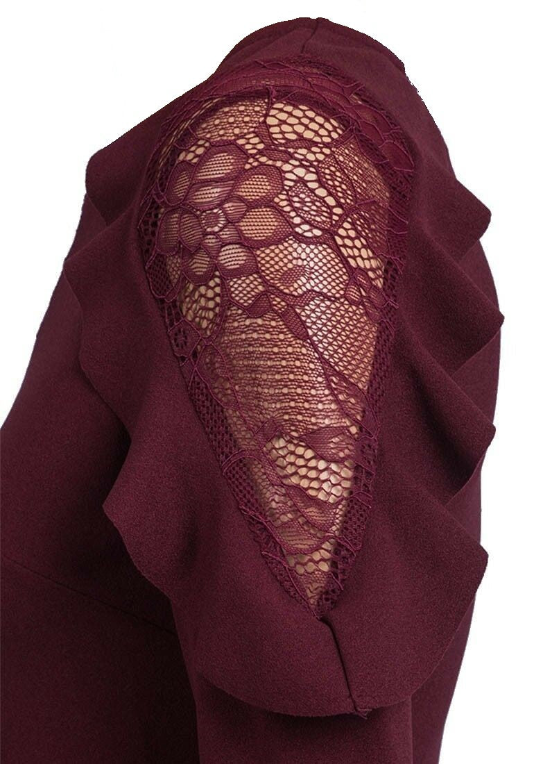 Burgundy Lace & Frill Long Sleeve Stretchy Peplum Top