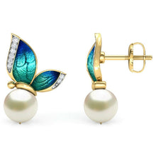 Load image into Gallery viewer, Ladies Green Blue Enamel Butterfly White Pearls Crystal Trim Stud Earring
