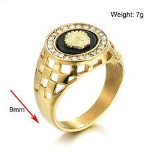 Load image into Gallery viewer, Mens Gold Filled Lion Head Medusa Black Cutout Rhinestone Signet Rings
