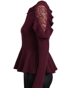 Burgundy Lace & Frill Long Sleeve Stretchy Peplum Top