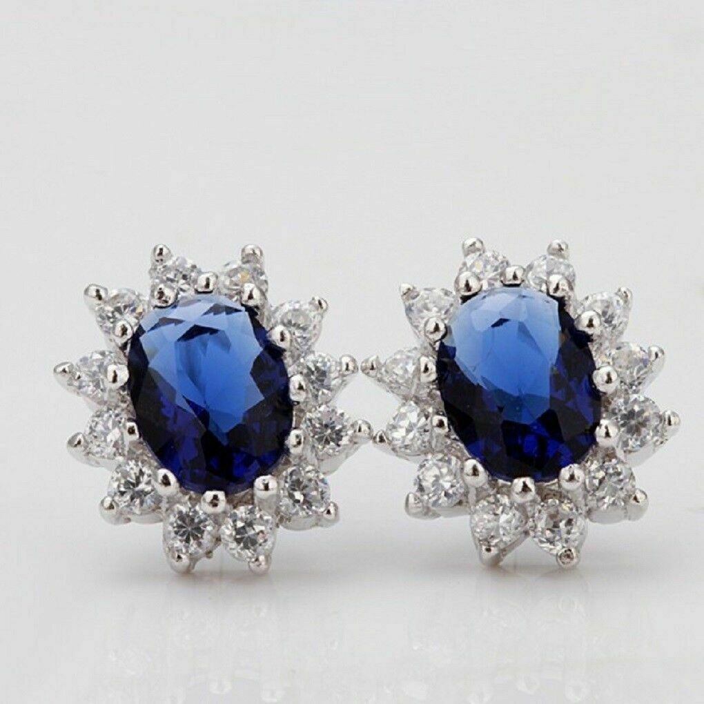 Blue Sapphire & White Crystal Stone Sterling Silver Necklace Set