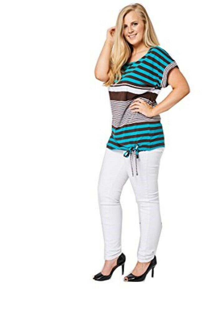 Teal & Brown Large Stripe Print Tie Front Top