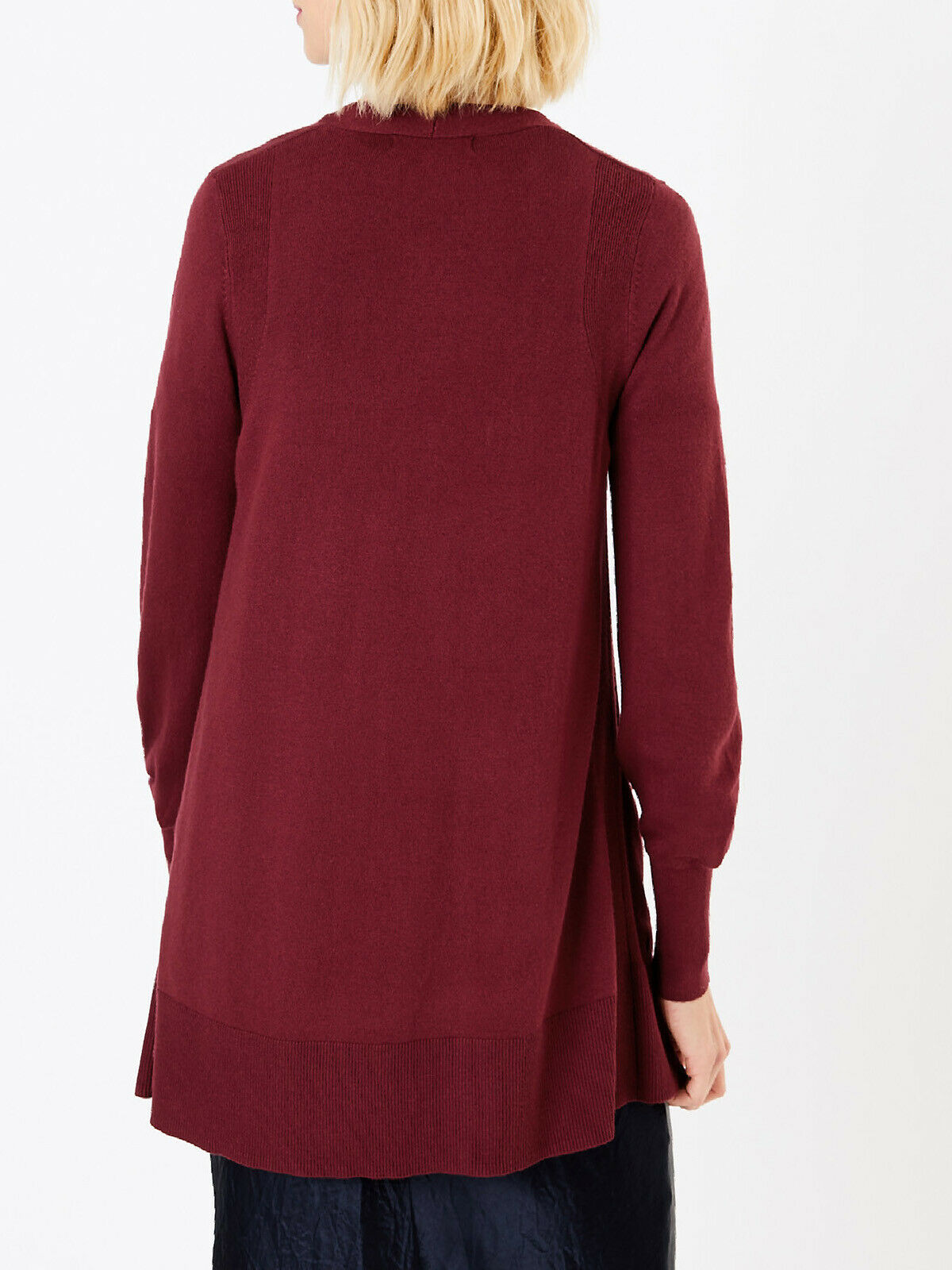 Ladies Burgundy Open Front Patch Pocket Longline Cardigan