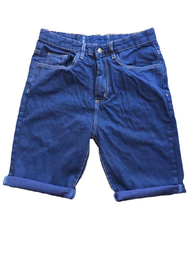 Mens Blue Denim Stretch Cotton Stitching Detail Roll Hem Summer Shorts