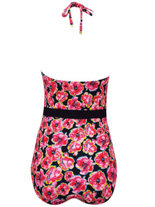 Ladies Pink Poppy Print Detachable Strap Wired Cups Panel Waist Bandeau Swimsuit