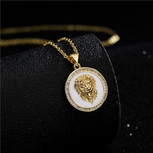 Unisex Gold Round Hairy Head Fashion Medallion White Enamel Pendant Necklace