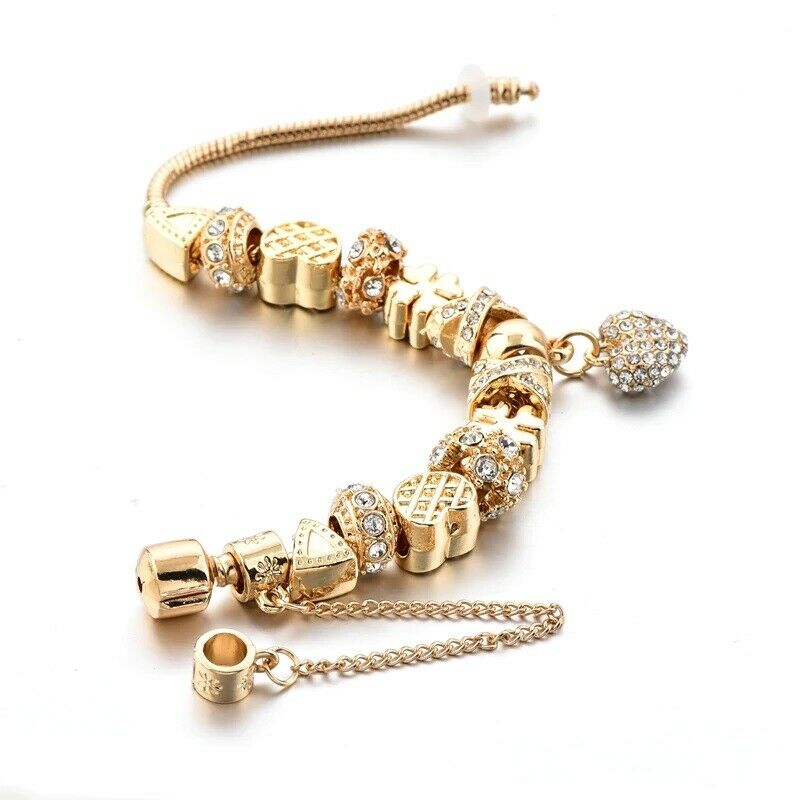 Gold Heart Love Charm & Stars Crystals Rope Chain Pandora Bracelet