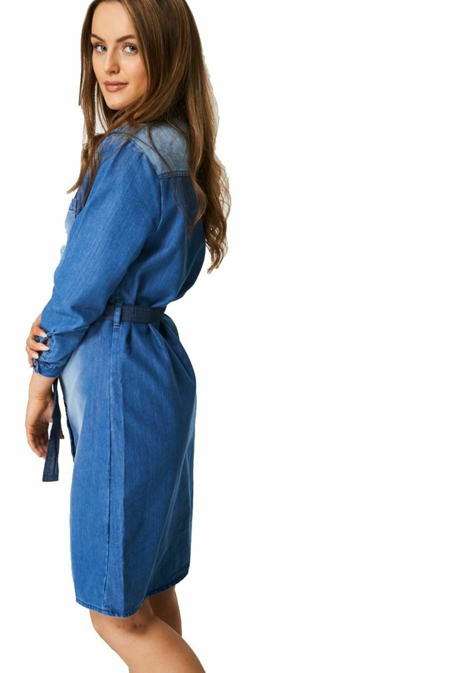 Blue Denim Collared Button Down Belted Dress