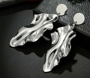 Bold Silver Plated Leafy Geomertric Dangle Drop Earrings