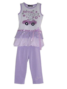 Girls Pink Lilac Spring Holiday Print Sleeveless Top & Leggings Set Party Outfit