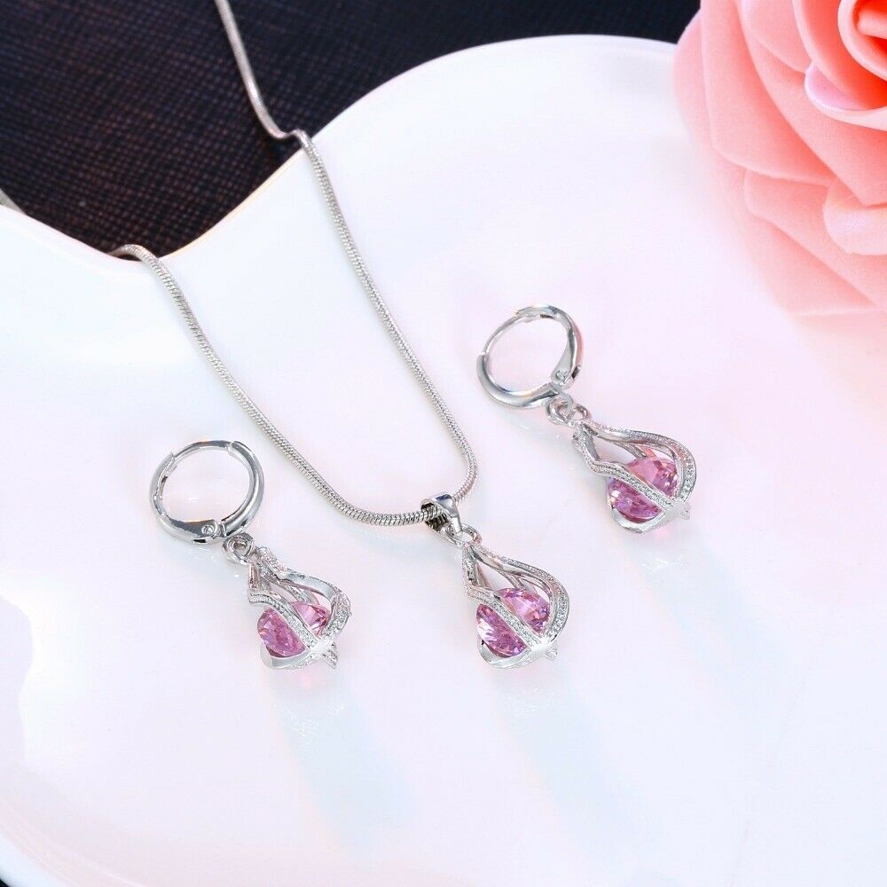 Silver Twirl Ball Water Drop Crystal Earrings & Necklace Set