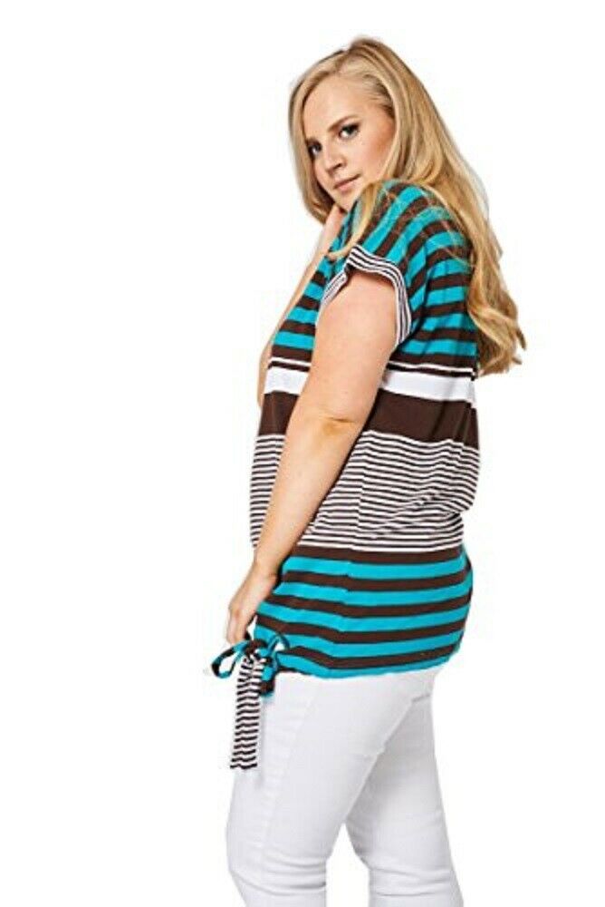 Teal & Brown Large Stripe Print Tie Front Top
