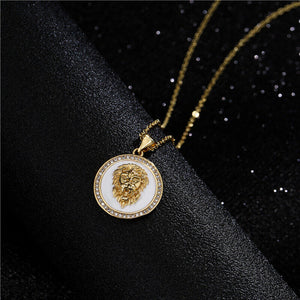 Unisex Gold Round Hairy Head Fashion Medallion White Enamel Pendant Necklace