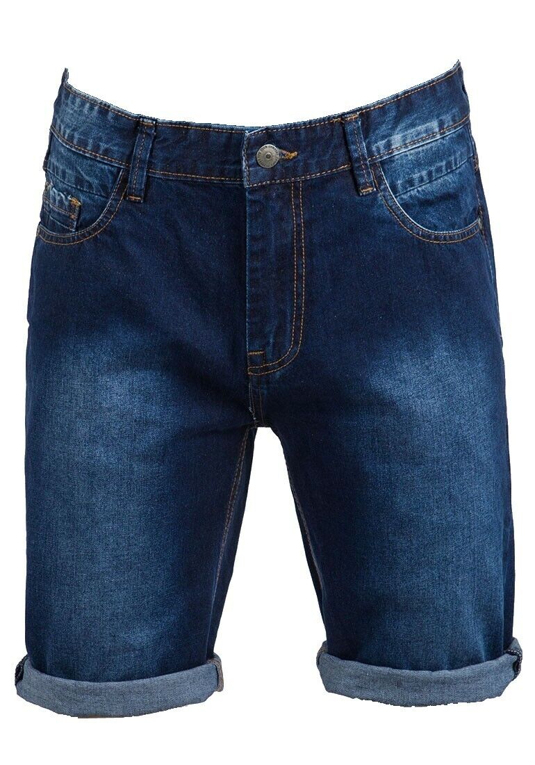 Mens Blue Denim Stretch Cotton Stitching Detail Roll Hem Summer Shorts