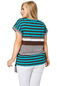Teal & Brown Large Stripe Print Tie Front Top