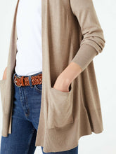 Load image into Gallery viewer, Ladies Beige Open Front Patch Pocket Longline Cardigan
