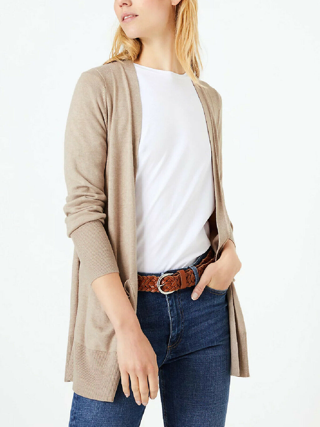 Ladies Beige Open Front Patch Pocket Longline Cardigan