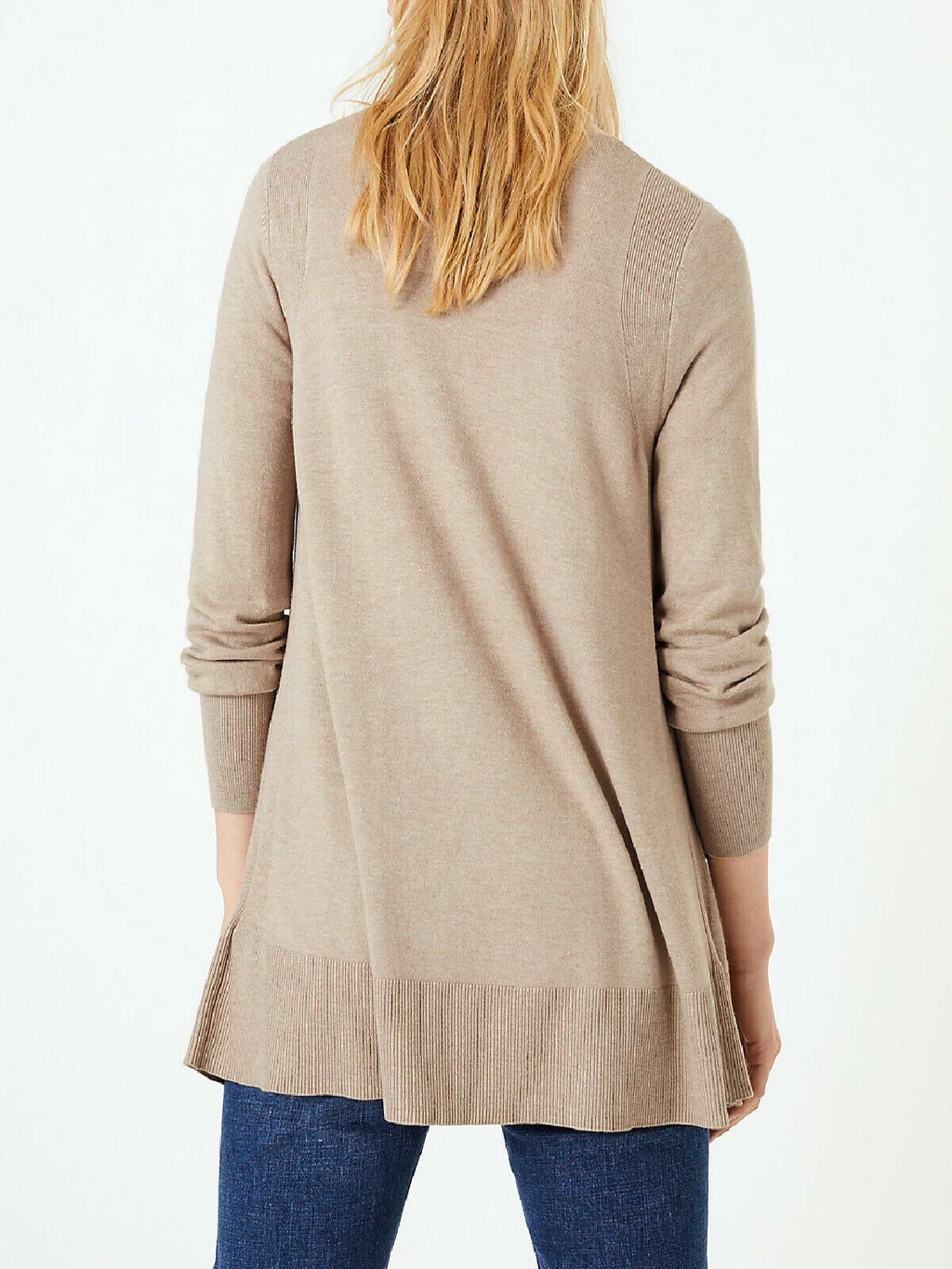 Ladies Beige Open Front Patch Pocket Longline Cardigan