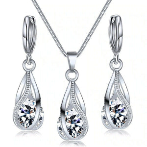 Silver Twirl Ball Water Drop Crystal Earrings & Necklace Set