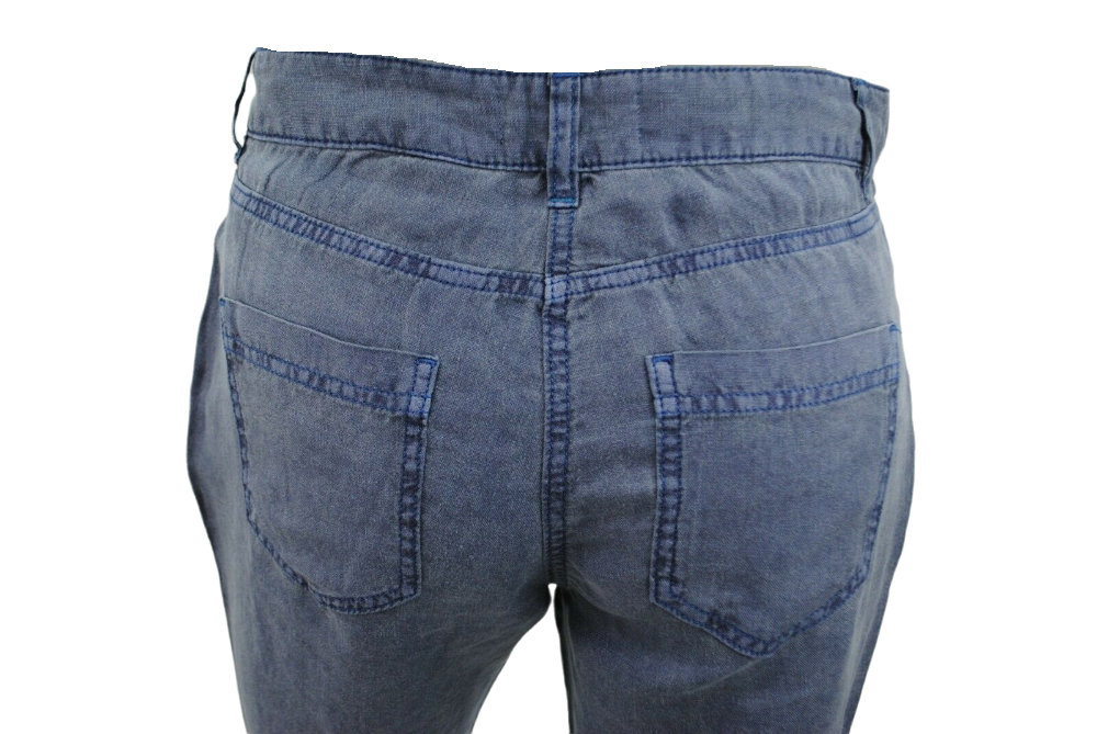 Ladies Faded Navy Wash Soft Linen High Rise Straight Leg Trousers