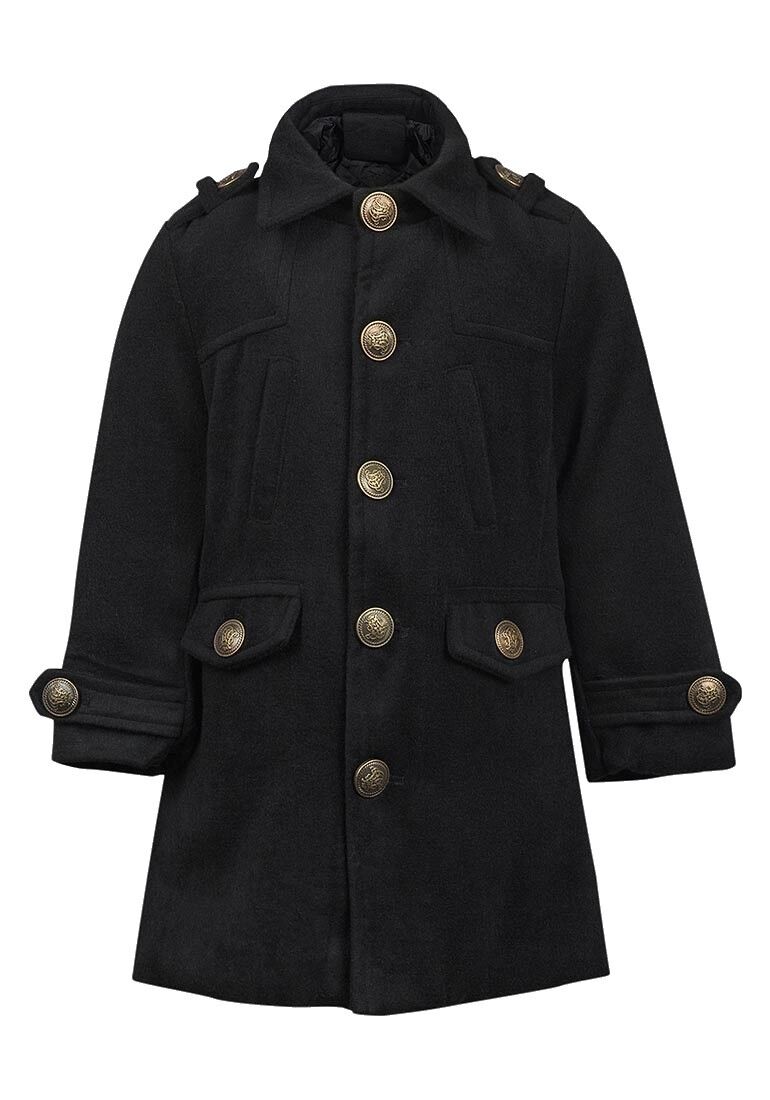 Girls Black Aishty Wool Blend Collared Button Down Lined Thick Winter Coat