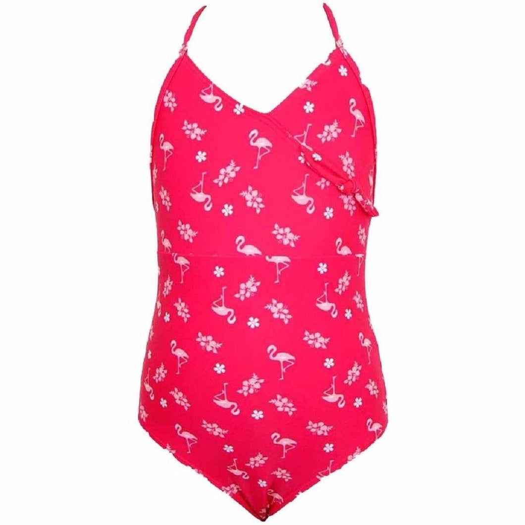 Girls Cerise Flamingo Print Swimming Costume