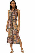 Brown Multi Belted Abstract Print Dress