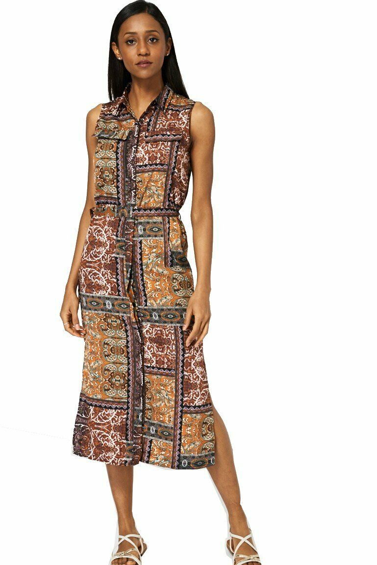 Brown Multi Belted Abstract Print Dress