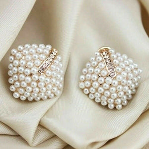 Ladies Vintage Square White Simulated Pearl Rhinestone Stud Earrings