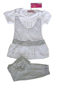 Grey & White Striped Short sleeve Top Dress & Leggings Set